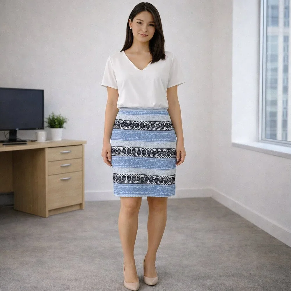 Talbots Blue and Black Striped Lace Knit Pencil Skirt, Size 10 - Picture 2 of 7